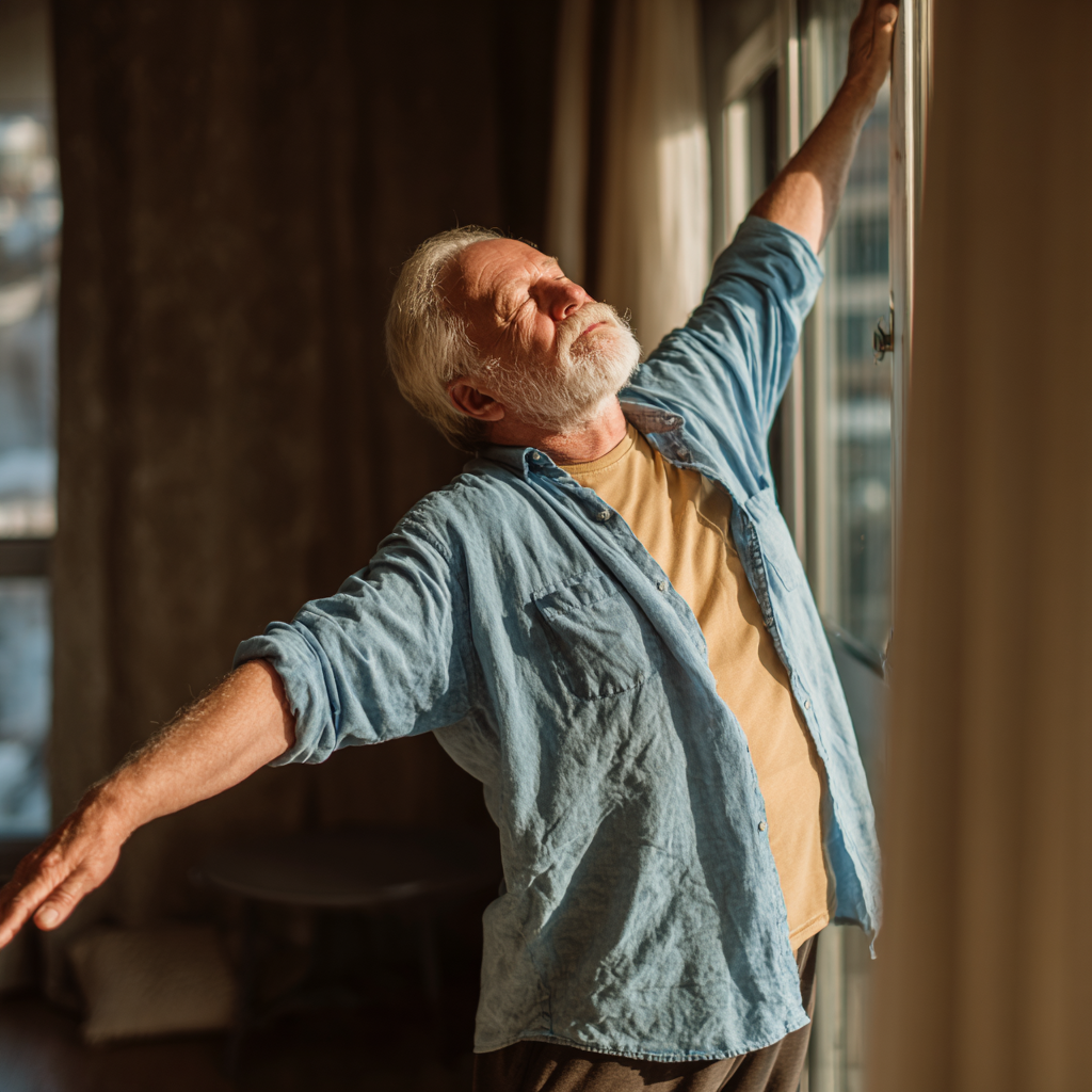 Peaceful elderly Ukrainian woman practicing gentle yoga poses outdoors in natural setting, demonstrating mindful movement and inner strength