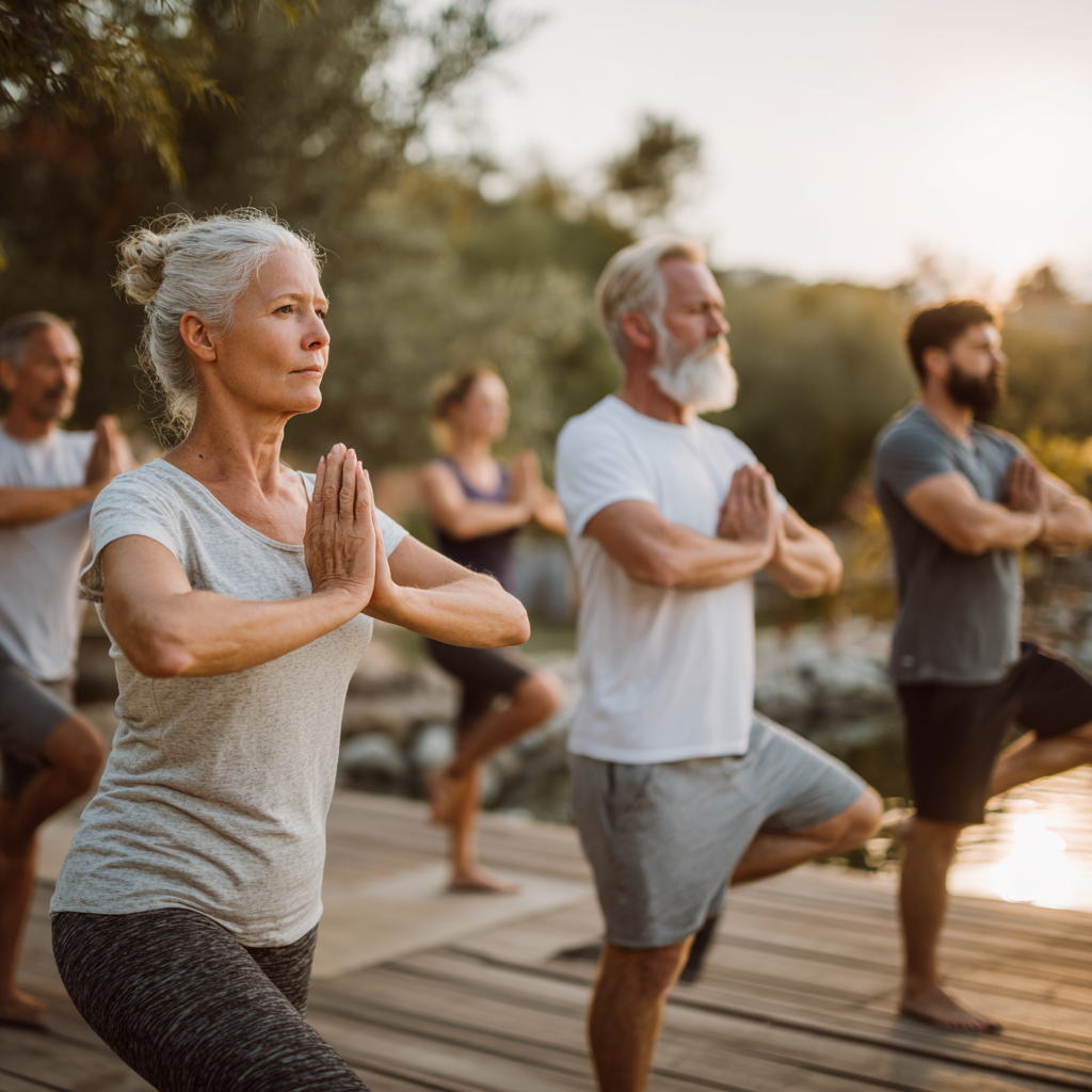 Group of diverse Ukrainian adults of different ages practicing yoga together in harmony, showing unity and peaceful cooperation in wellness journey